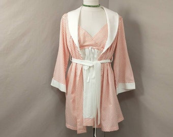 Vintage Short Polka Dot Nightgown Set w Robe Feminine Period Lingerie Valentines Day Peignoir Sexy Negligee Set Opaque Baby Doll Mini