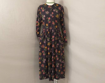 Floral Soft Cotton Dress Vintage Talbot's Button Front Long Sleeves Modest Pockets Multi Color Flowers Petite