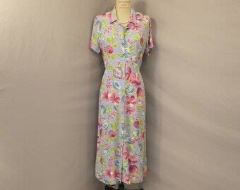 Lavender Floral Dress Feminine Full Button Front Maxi Vintage 90s Carol Anderson Pretty Colors Flattering Cottagecore Made in USA Washable