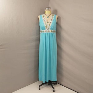 Feminine Turquoise Vintage Nightgown Gossard Artemis Nylon Long Ankle Floor Length Sleeveless 70's Made in USA Bright Aqua with Floral Band