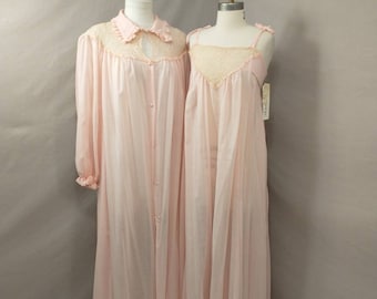 Nightgown and Robe Set Lanique Vintage Negligee Dressing Gown Size 46 Black Paisley