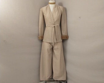 Authentic Vintage Sixties Seventies Metallic Sparkle Pant Set Mod Palazzo Gold All Original Suit 60's 70's Fur Trim