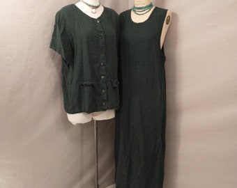 Linen Vintage 90's Hunter Green & Black Check Long Tunic Maxi Dress Set w Jacket by Aly Wear Made in USA Minimalist Casual Boxy