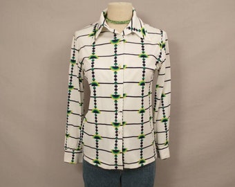 Silky Polyester 70's Button Down Shirt Period Collar Pointed Shape Long Sleeve Seventies Graphic Print Blouse