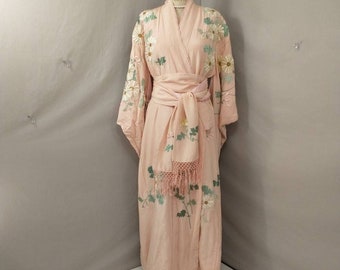 Embroidered Floral Vintage Pink Kimono Made and Bought in Japan Authentic Silk Japanese Robe circa Twenties includes matching Sash