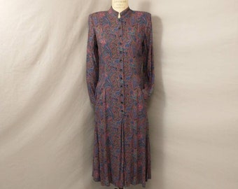 80's Does 40's Feminine Paisley Print Vintage Dress Forties Look Drop Waist by Charles Allen Made in USA Classy marked 12 with Pockets