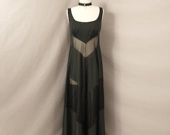 Black Negligee Vintage 80's Sexy Sheer with See Through V Panels Floor Length Nightgown Eighties Deadstock Lingerie