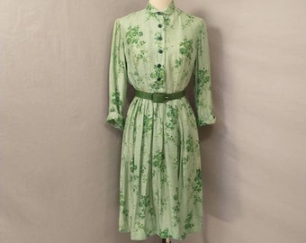 Vintage Forties Dress Midi 1940's Authentic Period Button Front Day Dress Green Print 4 Costume Cosplay Theatre