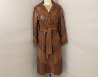 Amazing 70's Leather Trench Coat Vintage Seventies Quality Soft Natural Two Brown Colors Belted Made in Mexico Mod Women's Long Maxi