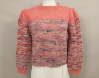 Puff Sleeve Feminine Handknit Sweater Pink Pullover Hand knit Acrylic Super Cute Puffy Gatherered Shoulder Eighties