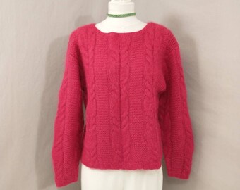 Rose vif longue tunique en laine Mohair pull pull Magenta vintage Lg moelleux couleur vive câble tricot grande qualité