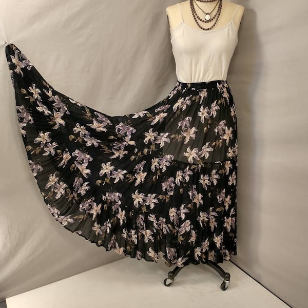 Floral Maxi Circle Skirt Tiered Vintage Indian 90's Boho Flowing Full & Long Peasant Gypsy Stevie Nicks Bohemian Semi Sheer