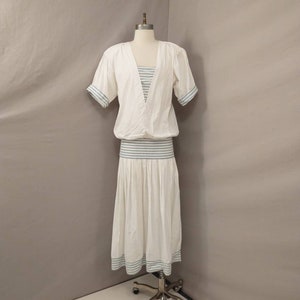 Low Drop Waist Costume Dress Halloween Twenties Sailor Look 80s Does 20's Creative Possibilities Innocent Flapper White Cotton w Blue Stripe image 9