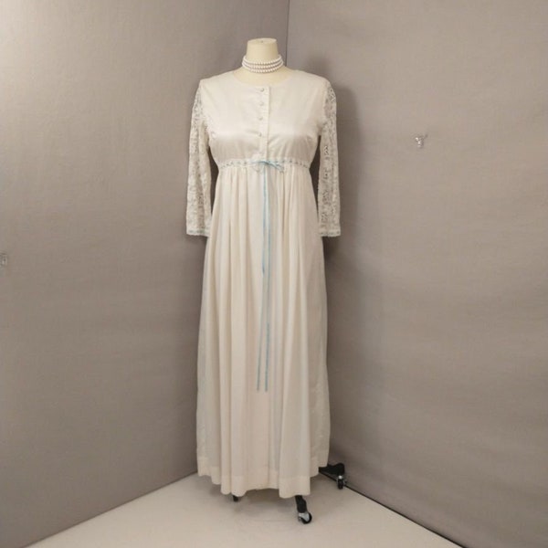 60s Feminine Ivory Robe Lace Sleeve Blue Ribbon Trim on Opaque Body Comfortable Vintage Sixties Long w Empire Bodice Iris Lingerie