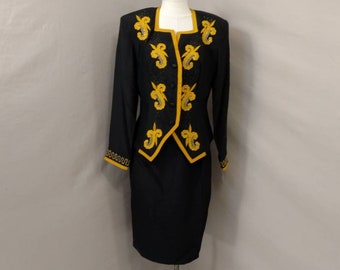 Dramatic Black Silk Suit w Gold Trim High Quality Feminine Design Classy Fitted Jacket Pencil Skirt Beads mrk8 80's 90's