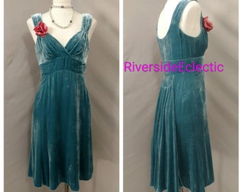 Nanette Lepore Velvet Dress Vintage 90's Short Classy Gorgeous Antique Aqua Blue Color USA Made Sleeveless Empire Detailing Sexy Classy