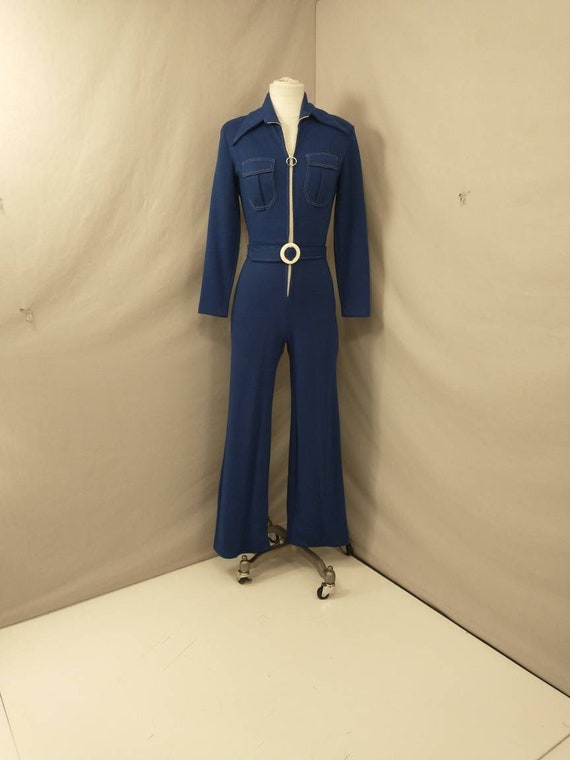 Fun 70s Jumpsuit Blue Mod Vintage Seventies Long … - image 1