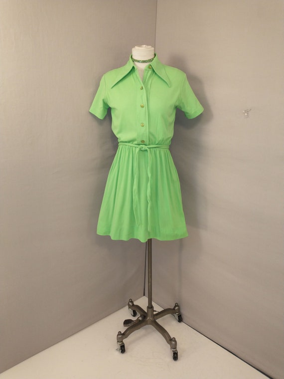 70's Bright Green Authentic Vintage Jersey Dress V