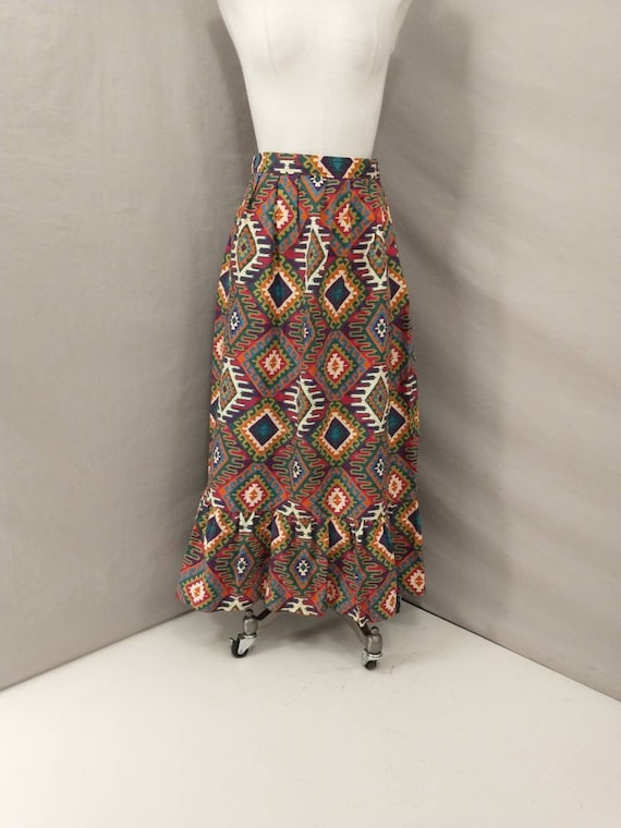 Vintage Native Print Maxi Skirt Handmade Bright C… - image 1