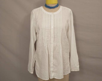 Pintuck Linen Tunic White Shirt Vintage Y2K Woman's Blouse Top by Orvis Oversized Long Sleeve Quality SzMrkLg