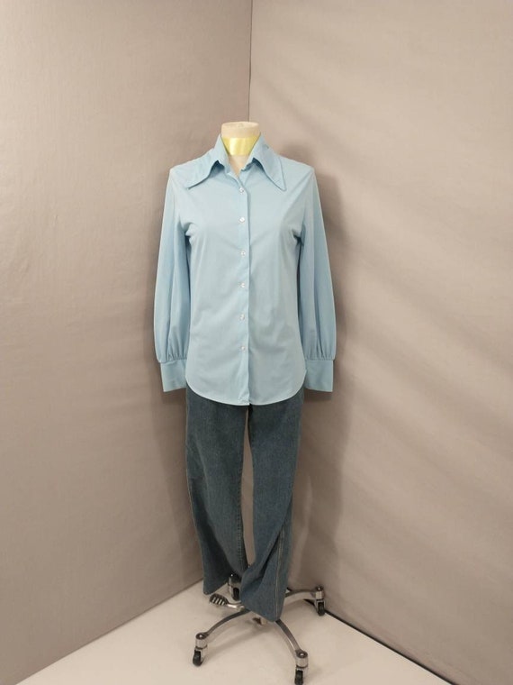 70's Vintage Blue Button Down Shirt Blouse Long P… - image 1
