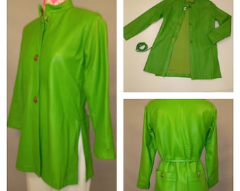 Rare Lime Green Leather Tunic Jacket Vintage 70's Sills a Bonnie Cashin Design Angola Soft with Pockets & Belt Very Unusual