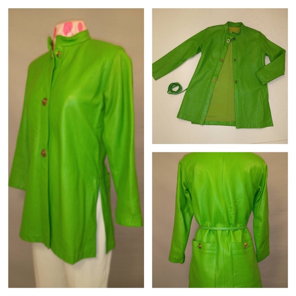 Rare Lime Green Leather Tunic Jacket Vintage 70's Sills a Bonnie Cashin Design Angola Soft with Pockets & Belt Very Unusual