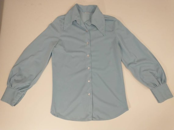 70's Vintage Blue Button Down Shirt Blouse Long P… - image 6