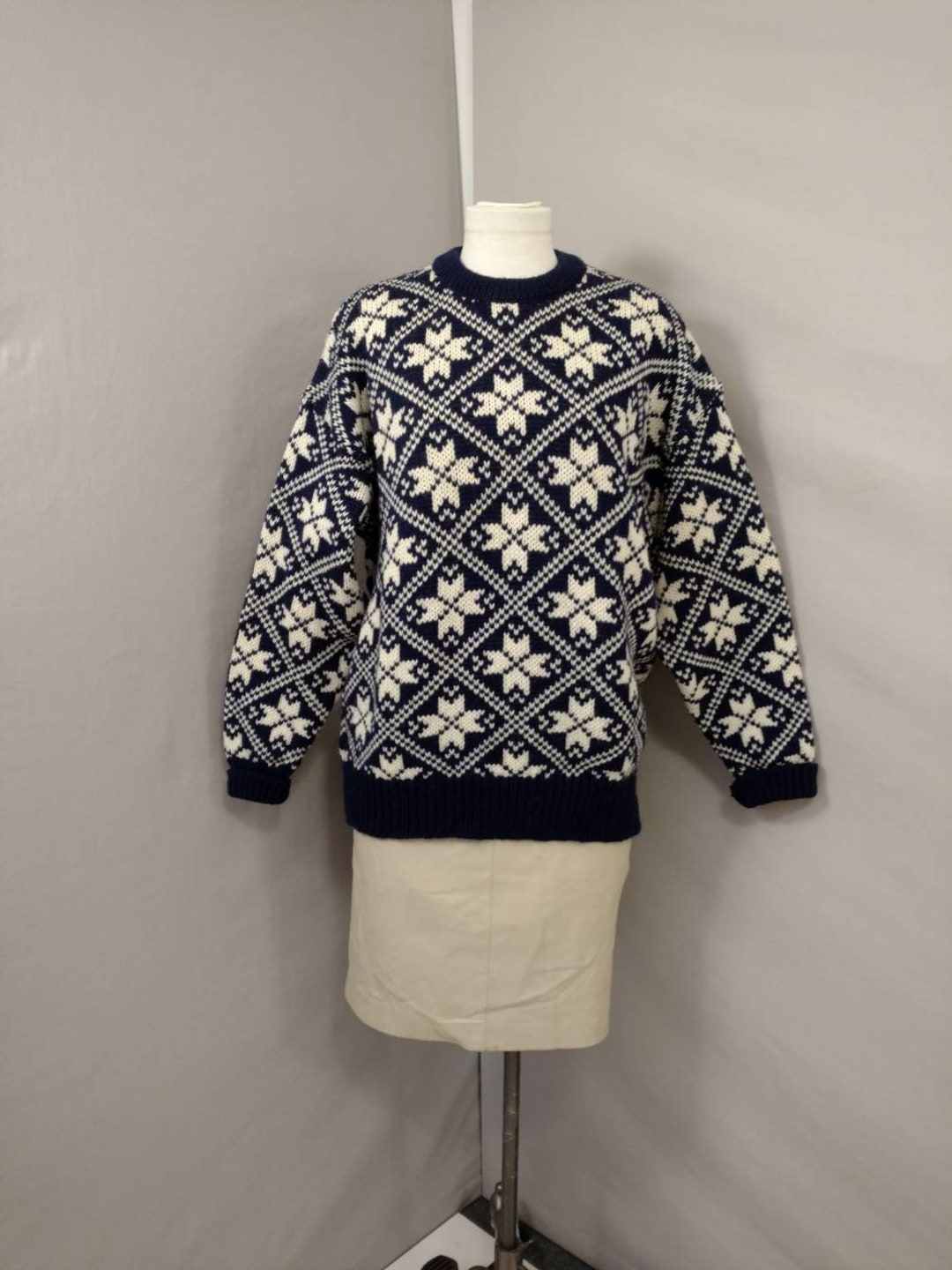 Eskimo Knitwear Pullover Navy Blue & White New Wool Knit Sweater