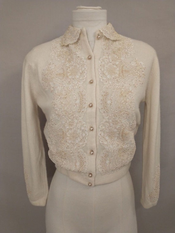 Fifties Beaded Cardigan Sweater with Lace Appliqu… - image 2