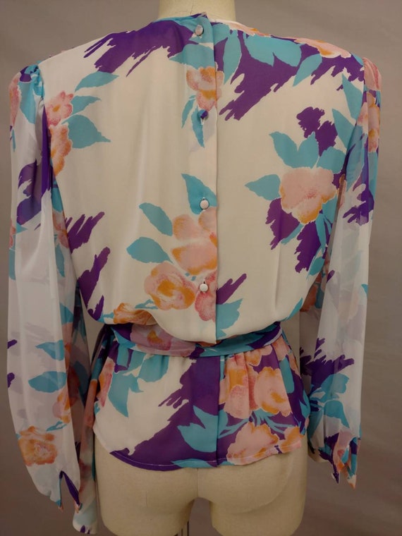 Floral Silk Peplum Blouse Vintage Designer Oleg C… - image 4