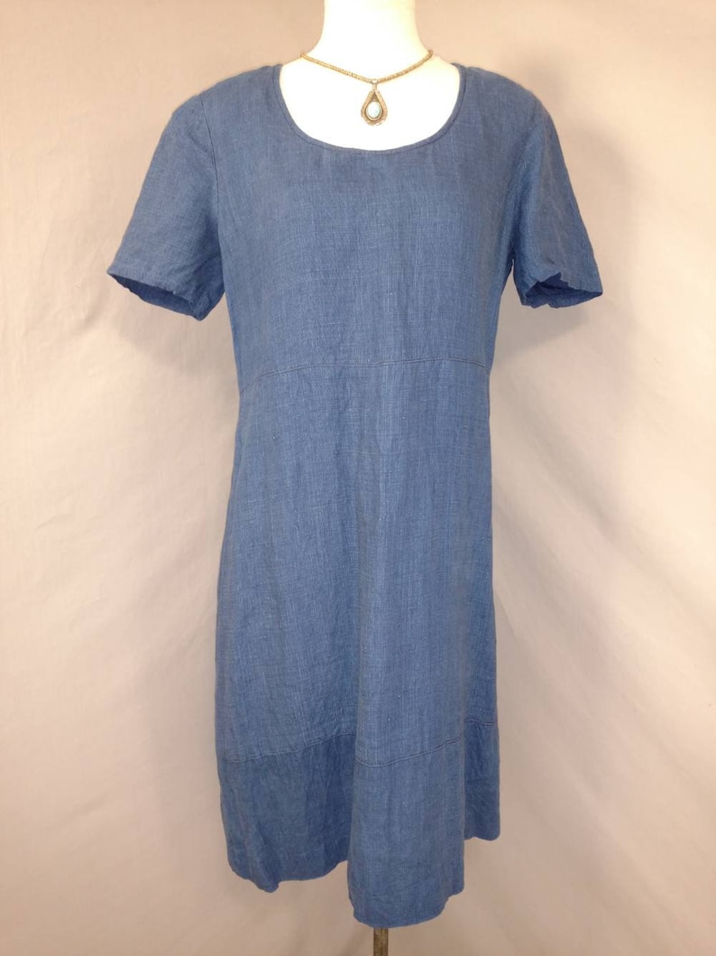 Indigo Linen Dress Vintage 90/'s Midi Knee Length A Line Shift Simple Minimalist Woven Denim Fabric Classic /& Comfortable Short Sleeve