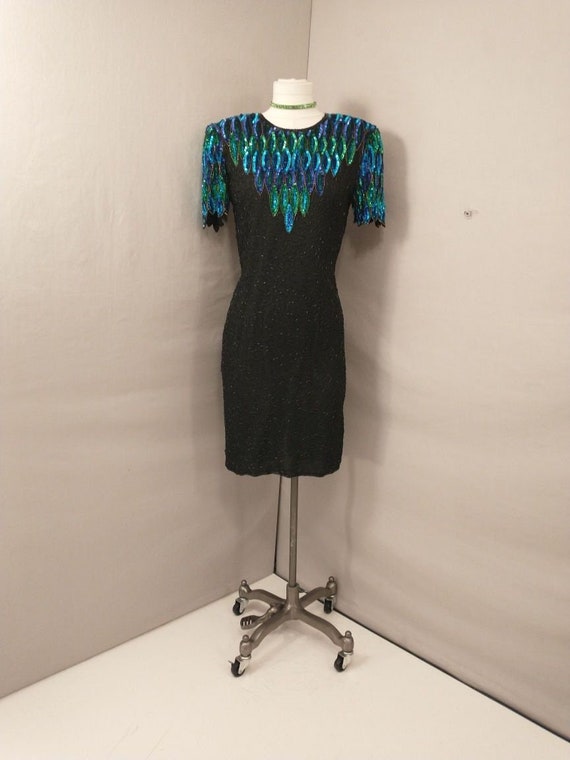 Bright Sequin & Beaded Dress Quality Art Deco 80's