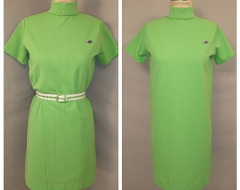 70's Bright Green Authentic Vintage Jersey Dress by Sportissimo Neon Lime Color Casual Styling Mock Neck Straight Shift Comfortable and Fun