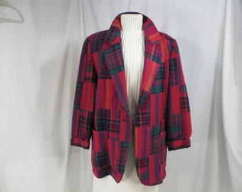 80's Bright Patchwork Plaid Light Wool Blend Shirt Jacket Vintage Eighties by Hunt Club Lg Made in USA like Blanket Coat