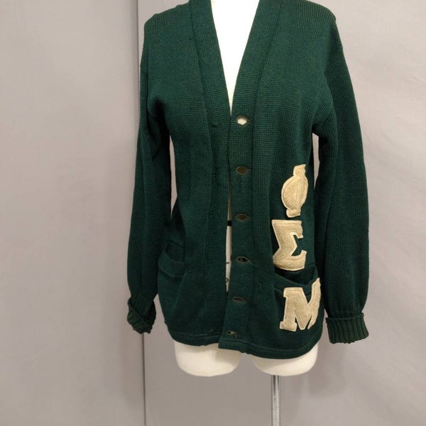 Mystery Fraternity Cardigan Sweater Phi Sigma Mu Very Old 50's 60's Dark Green Color Made USA wool
