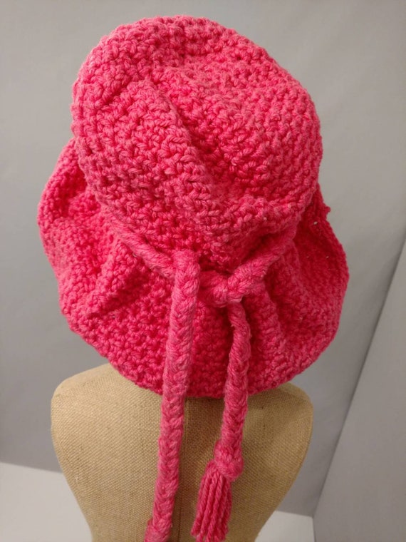 Hand Knit Bright Pink Vintage Floppy Brim Hat OS … - image 4