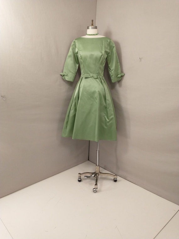 Green Satin Fifties Party Dress Vintage 50's Femi… - image 1