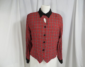 Red Plaid Keyhole Neckline Black Collar & Cuffs Feminine Vintage 80's Shirt Blouse Top S M by Expose Made in USA Modest