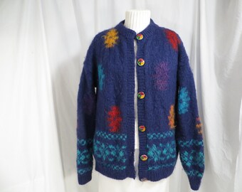 Artsy Coloré Argentine Mohair Laine Cardigan Pull Tricot à la Main Vintage Bijou Ton Couleurs Med Boutons Faits à la Main Lg