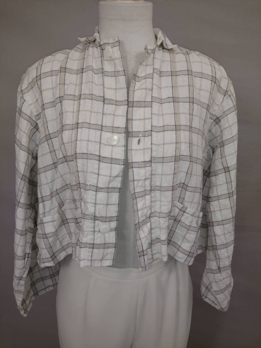[送料込] Linen Cutting cropped shirt Light-linen Crop Shirt With Classic Collar and 3/4 Sleeves