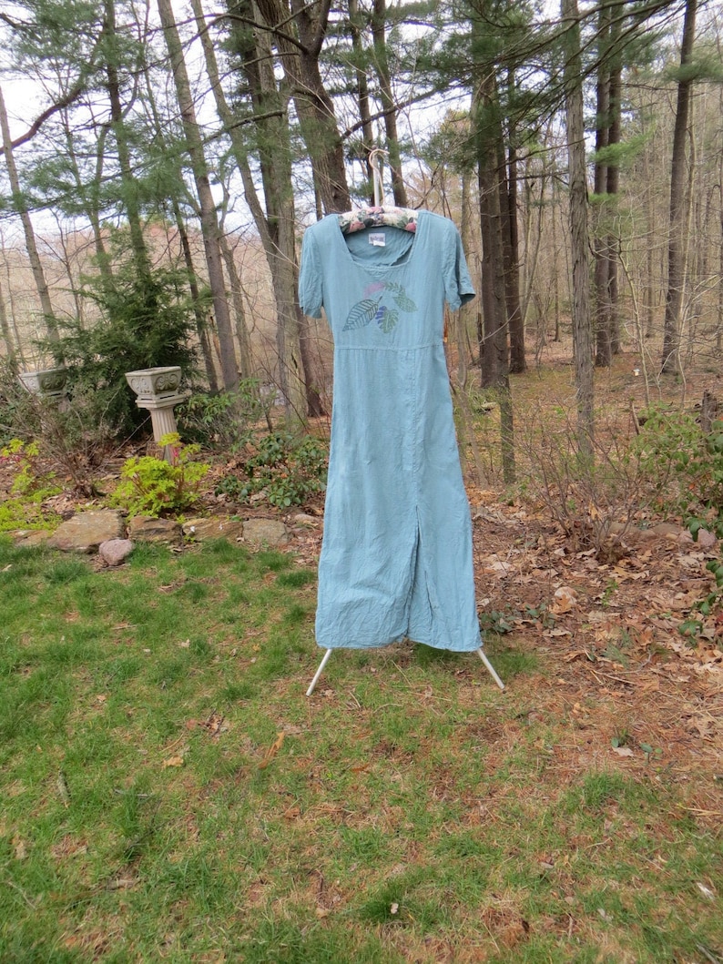 USA Made Linen Pale Aqua Turquoise Vintage 90/'s Nina Piccalino Long Dress Painted Loose Unstructured Minimalist Artsy Comfortable