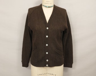 50s Brown Mohair Cardigan Sweater Unisex Mens or Womens Preppy Fifties Sportswear Pockets Knit with Baby Kid Mohair