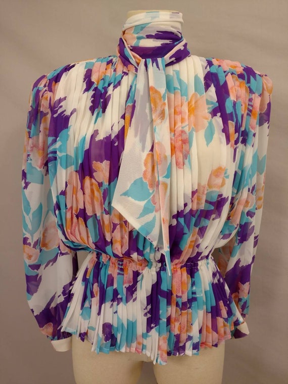 Floral Silk Peplum Blouse Vintage Designer Oleg C… - image 3