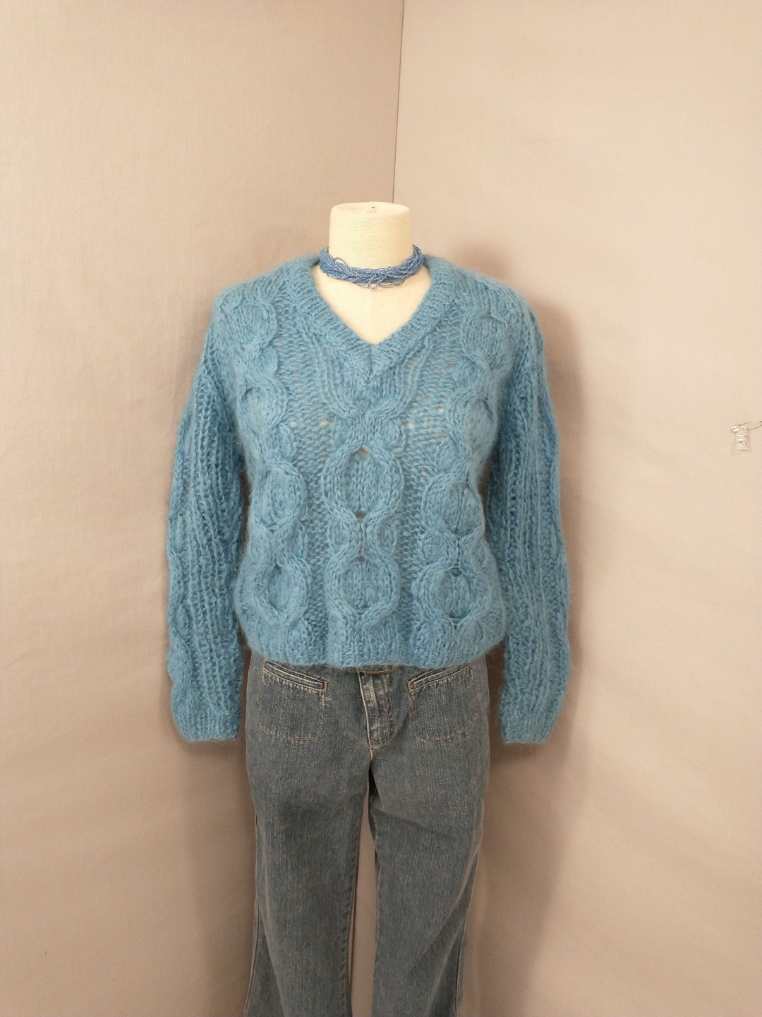 Vintage Fuzzy Mohair Wool Blend Sweater 60's V Neck Pullover Cerulean ...