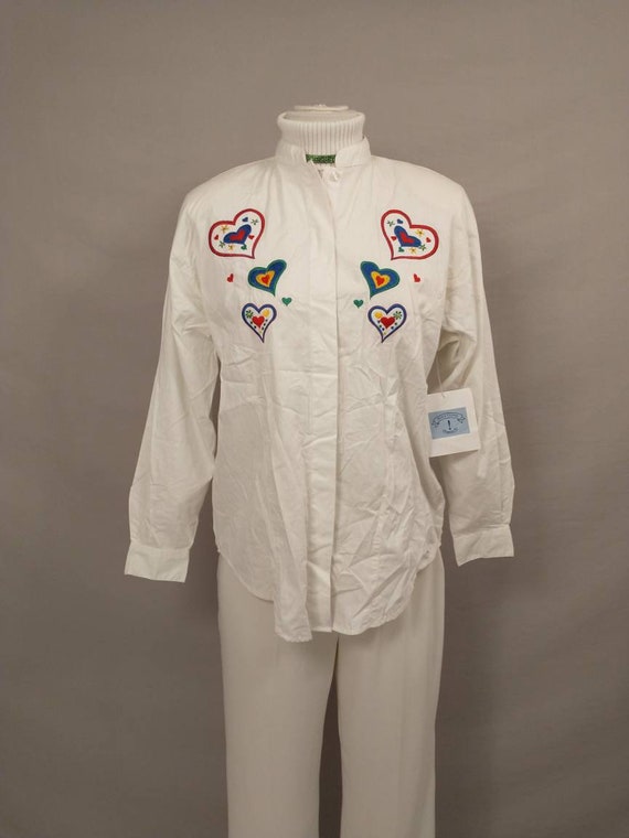 Hearts Embroidered Shirt 80's Classic Cotton Butt… - image 1