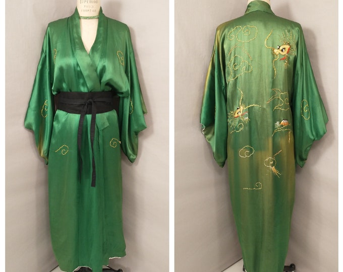 Emerald Green Kimono Robe Vintage Hand Embroidered Long Traditional Japanese Style Classic Asian