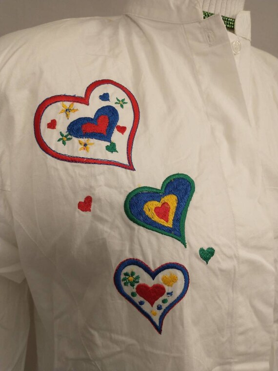 Hearts Embroidered Shirt 80's Classic Cotton Butt… - image 3
