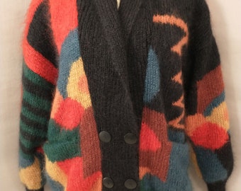 Vintage Soft Fuzzy Mohair Wool Cardigan Sweater Jacket 90's Handmade Designer Knitwear Colorful Abstract Mod Wide Boxy Hand knit England Vintage Soft Fuzzy Mohair Wool Cardigan Sweater Jacket 90's Handmade Designer Knitwear Colorful Abstract Mod Wide Boxy Hand knit England