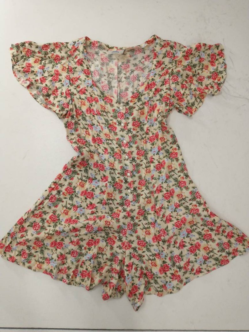 Adorable Vintage Eighties Small Short Mini Dress Romper by Hana USA Made Pink Floral Rayon 80/'s